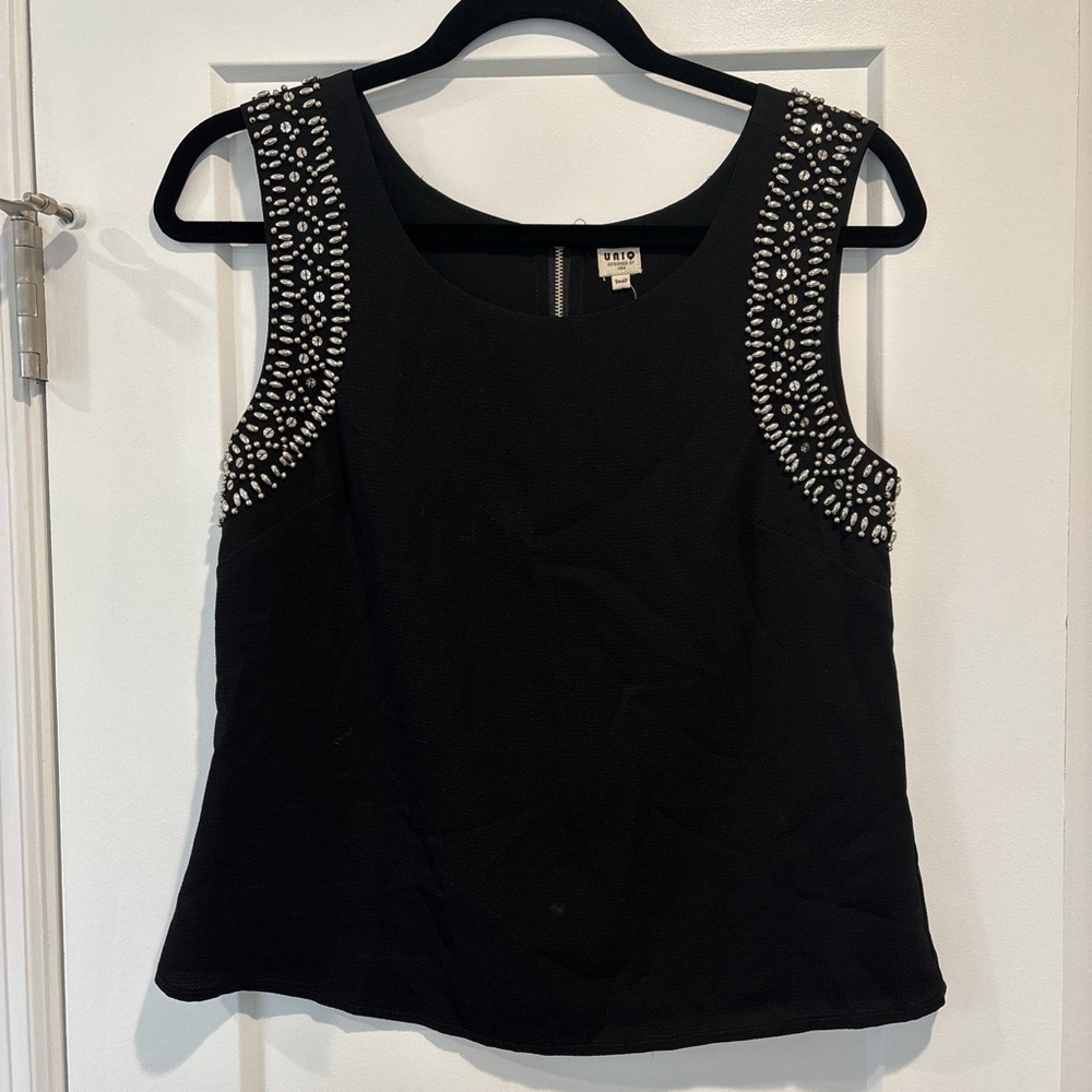Embellished Black Sleeveless Tank Top by UNIQ